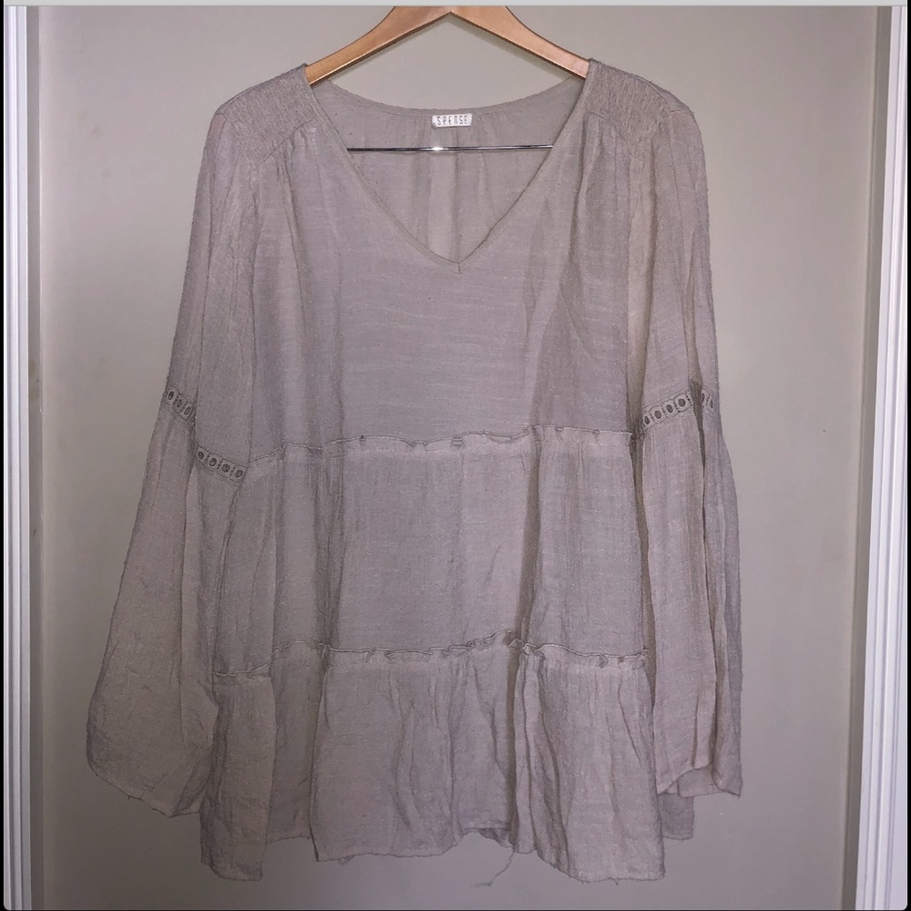 Tan Flowy Blouse with Tapered Bell Sleeves